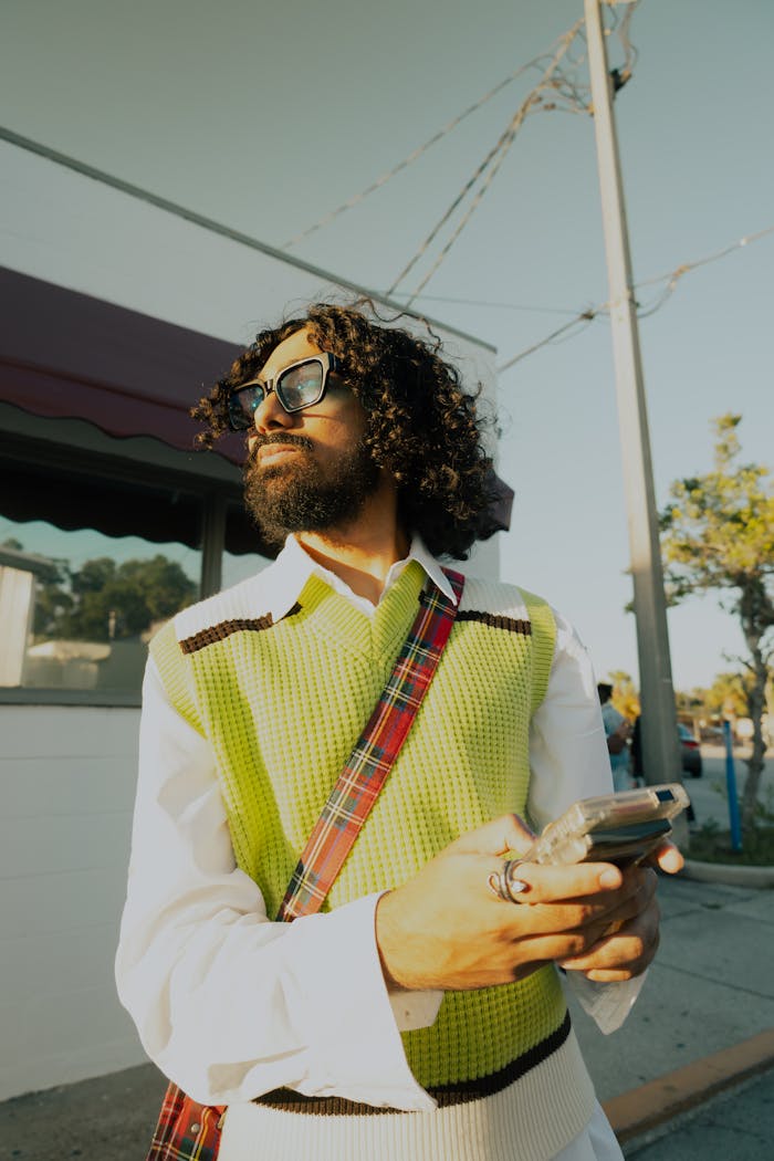 A fashionable man with curly hair and sunglasses enjoying the sunny street.