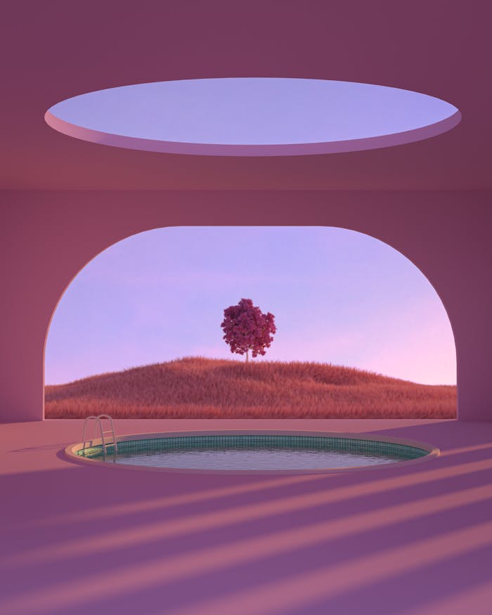 Futuristic pink-toned landscape featuring a circular pool and a solitary tree under an open skylight at sunset.